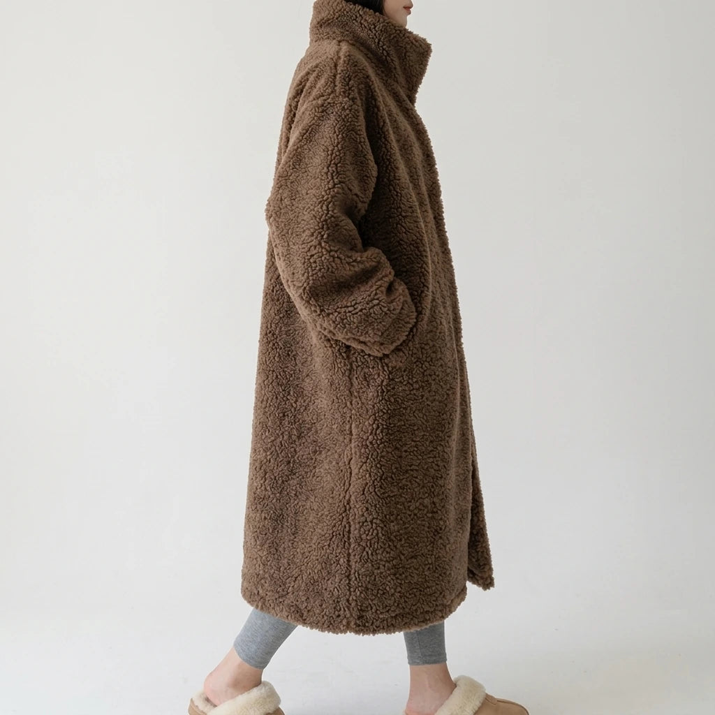Maillard Little Teddy sheep wool stand collar coat long sheep shearling lamb fur coat thick loose — lifestyle