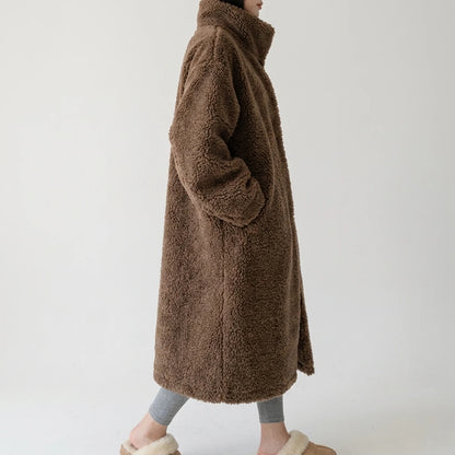 Maillard Little Teddy sheep wool stand collar coat long sheep shearling lamb fur coat thick loose — lifestyle