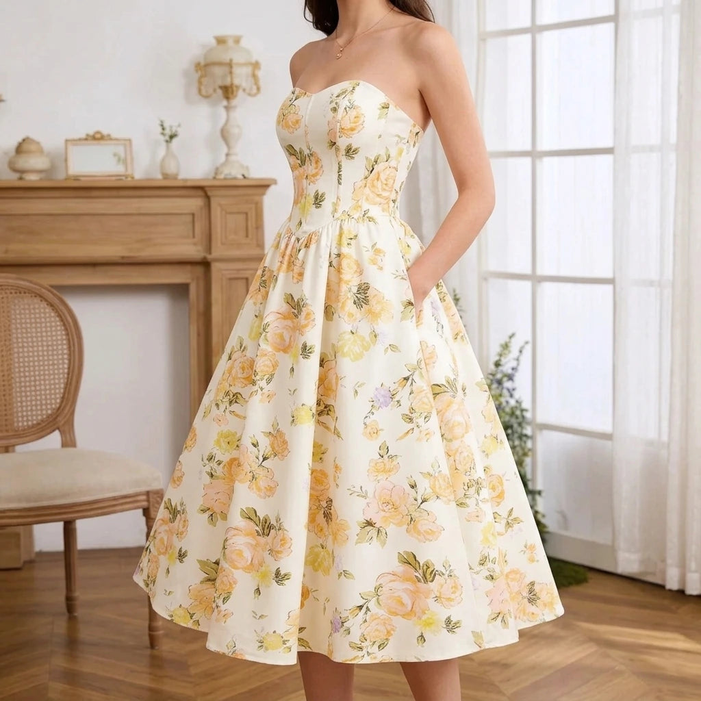 Yellow A-Line Maxi Dress, Sleeveless Printed Long Dress, Low Neckline, Polyester Spandex, Effortless Summer — lifestyle_lead