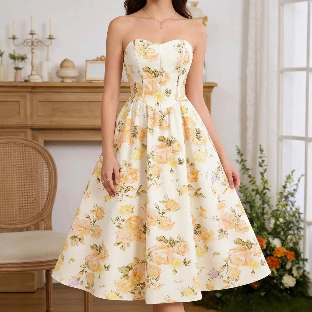 Yellow A-Line Maxi Dress, Sleeveless Printed Long Dress, Low Neckline, Polyester Spandex, Effortless Summer — lifestyle