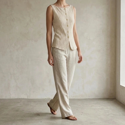 Elegant Jacquard Boat Neck Tank Top Women’s Sleeveless Workwear Daily Office Basic Geometric Button Detail Hip Length Medium Stretch Polyester Beige Summer — lifestyle