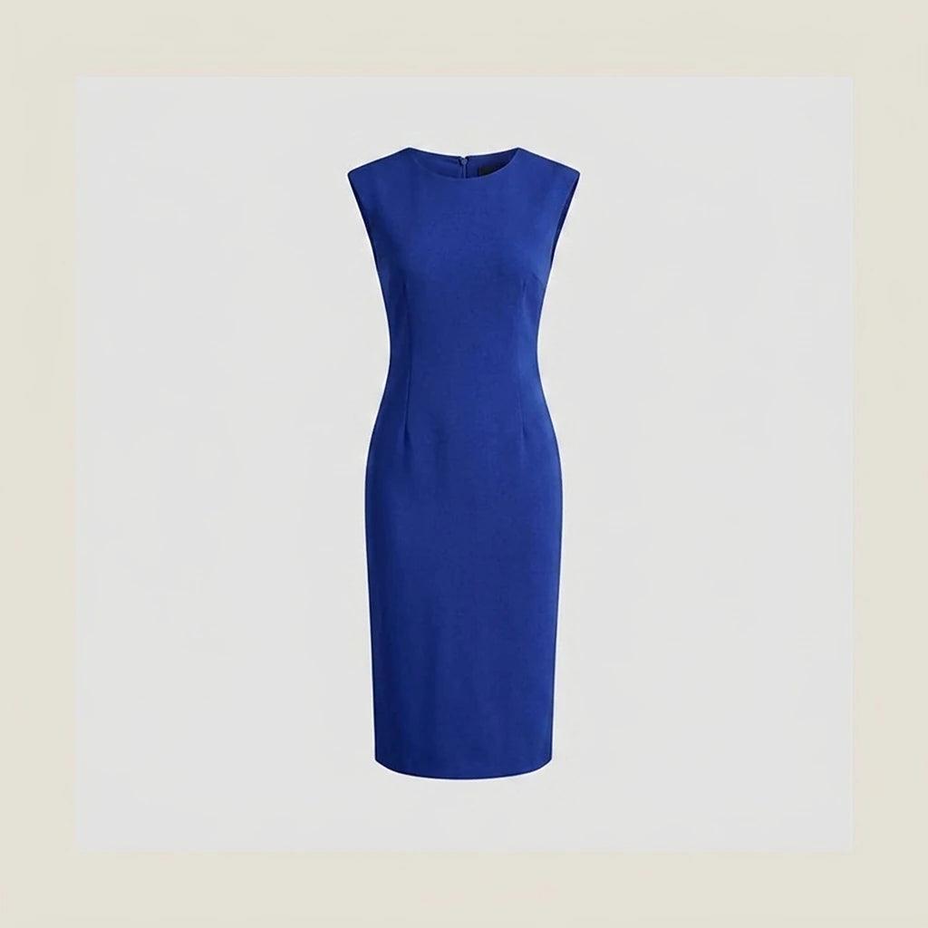 White Slim Fit Midi Dress, Sleeveless Round Neck, Solid Polyester, Effortless Summer Style — variant_front