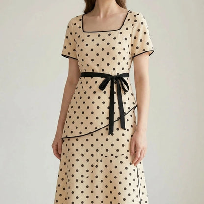Casual A-Line Two Piece Skirt Set for Women, Polka Dot, Elastic Waist, Daily Wear, Short Sleeve, Spring Summer, Apricot, Polyester — lifestyle_lead