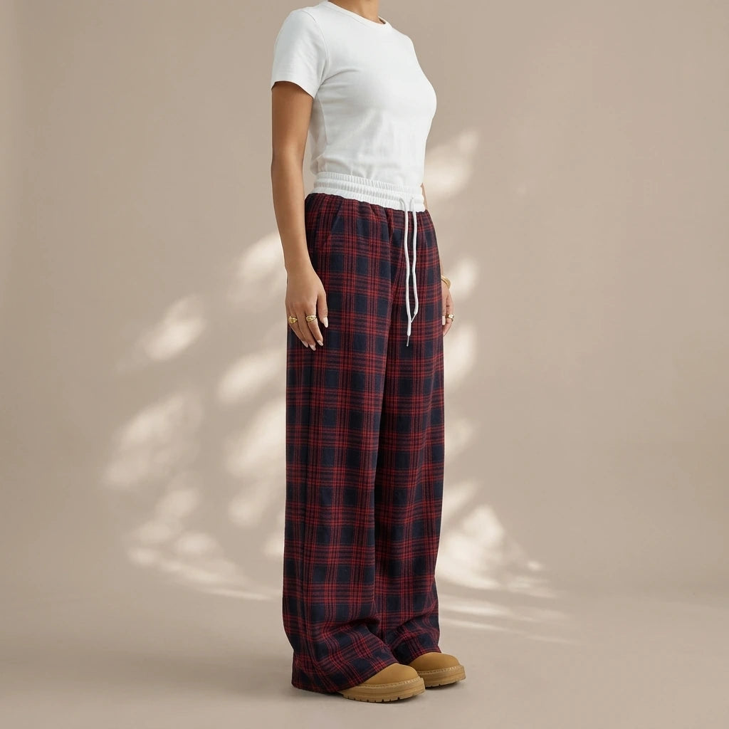 Loose Lazy Style Straight Leg Plaid Patchwork High Waist Drape Casual Sweatpants — variant_front