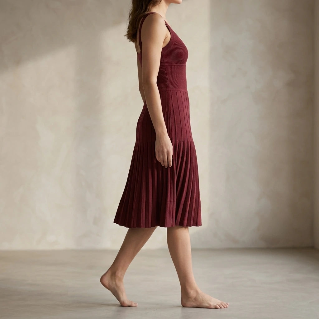 Retro Sleeveless Sweater Dress for Women, Ruched Sheath Slip Knit, Daily Party Summer Midi, Wine Red, 50% Viscose, Medium Stretch — lifestyle