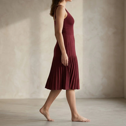 Retro Sleeveless Sweater Dress for Women, Ruched Sheath Slip Knit, Daily Party Summer Midi, Wine Red, 50% Viscose, Medium Stretch — lifestyle