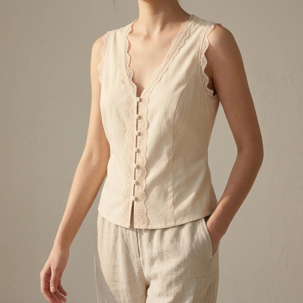 Elegant Sleeveless V Neck Vest Top for Women Daily Basic Hip Length Single Breasted Button Lace Tie Apricot Polyester Summer Spring — lifestyle
