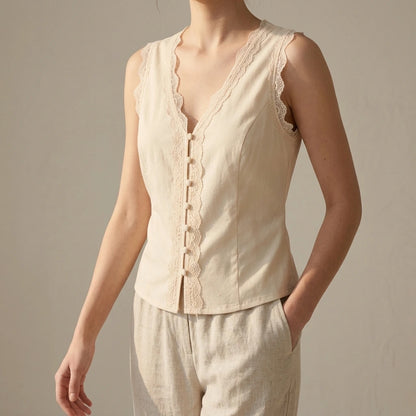 Elegant Sleeveless V Neck Vest Top for Women Daily Basic Hip Length Single Breasted Button Lace Tie Apricot Polyester Summer Spring — lifestyle