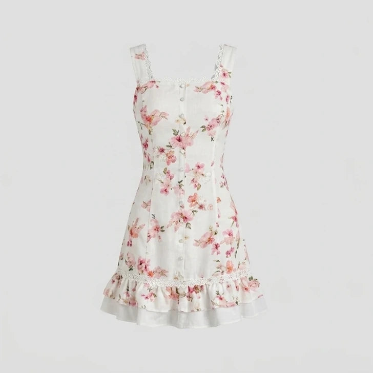 Front product-only image of Floral Square Neck Button Mini Dress