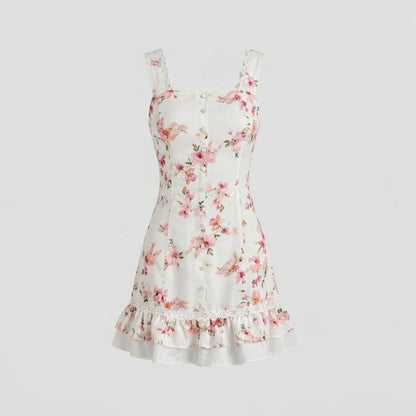 Front product-only image of Floral Square Neck Button Mini Dress