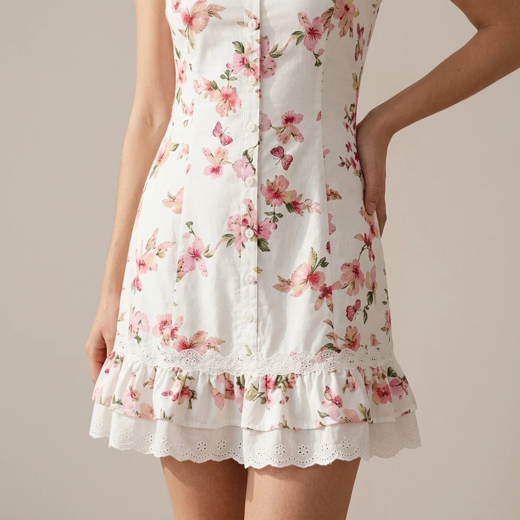 Model wearing Floral Square Neck Button Mini Dress with close focus on the product