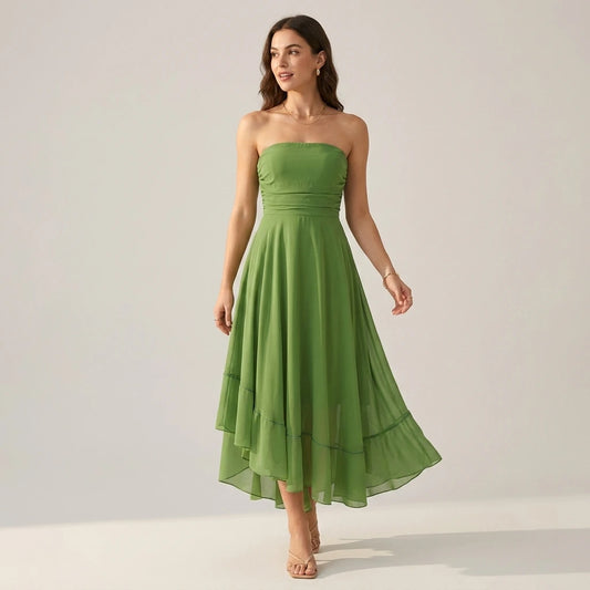 Natural lifestyle image of a model wearing Green Flowy Strapless Midi Dress