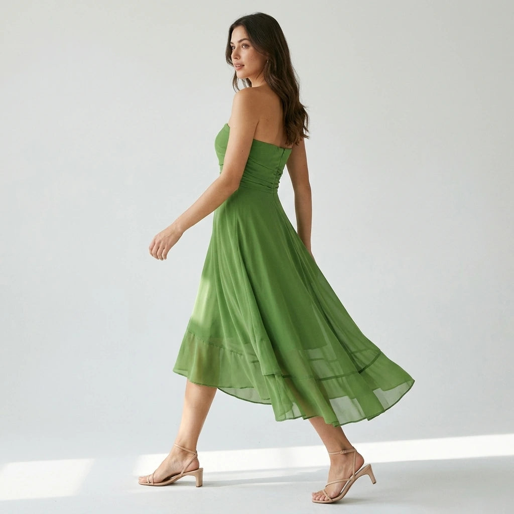 Second natural lifestyle image of a model wearing Green Flowy Strapless Midi Dress