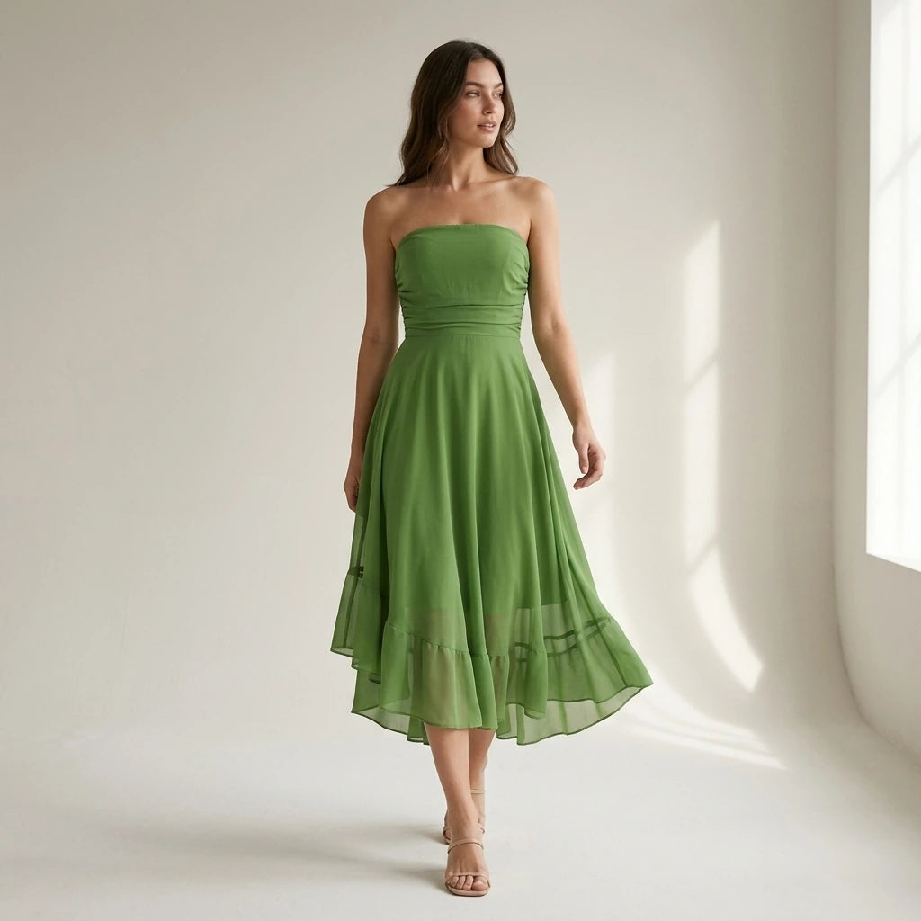 Third natural lifestyle image of a model wearing Green Flowy Strapless Midi Dress