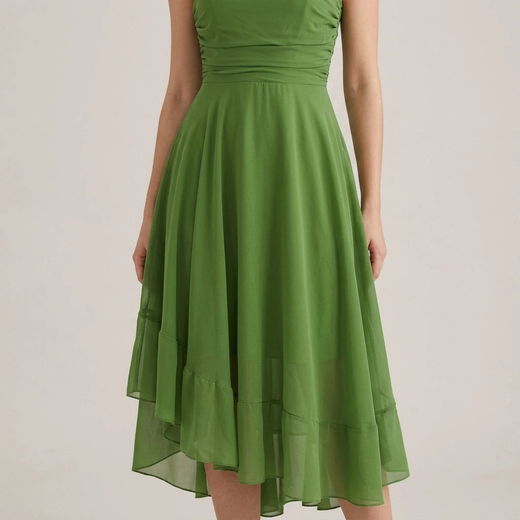 Model wearing Green Flowy Strapless Midi Dress with close focus on the product