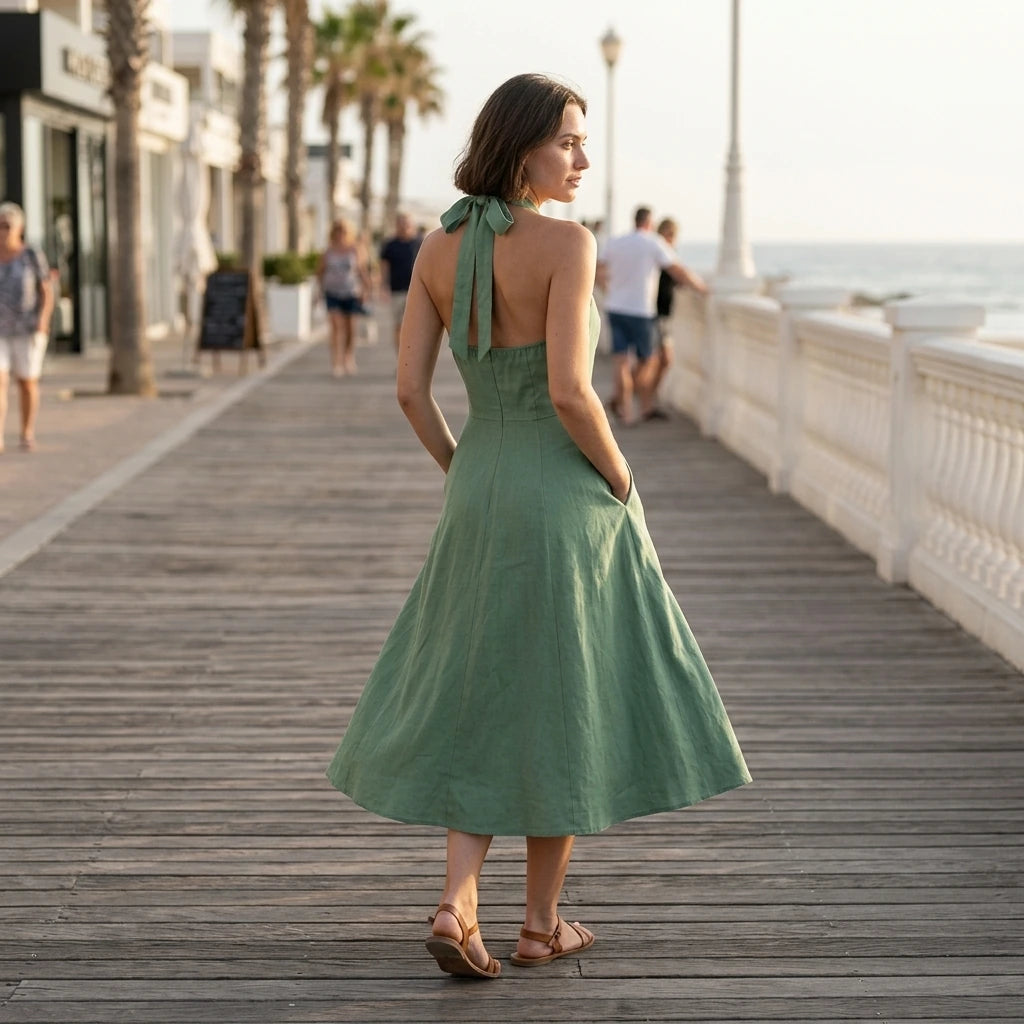 Natural lifestyle image of a model wearing green-halter-button-pockets-midi-dress