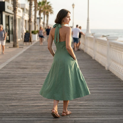 Natural lifestyle image of a model wearing green-halter-button-pockets-midi-dress