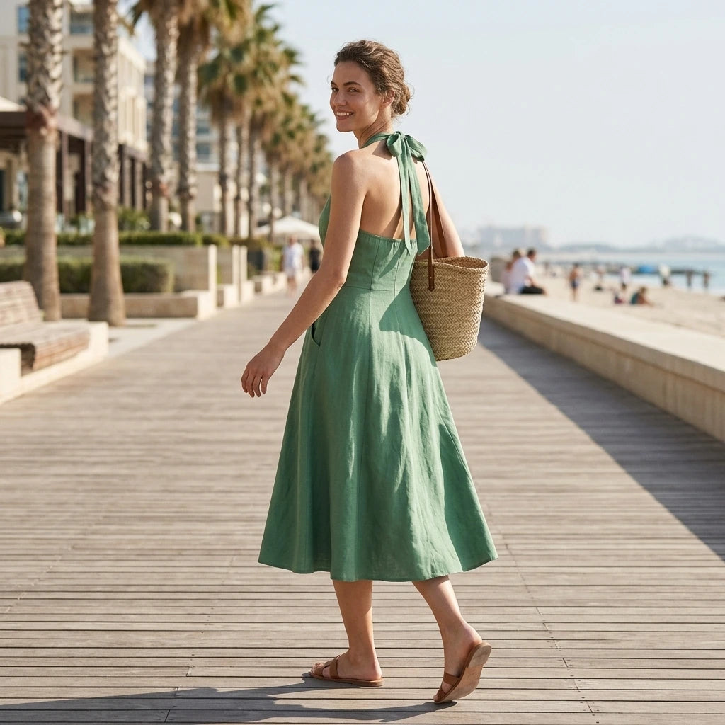 Second natural lifestyle image of a model wearing green-halter-button-pockets-midi-dress