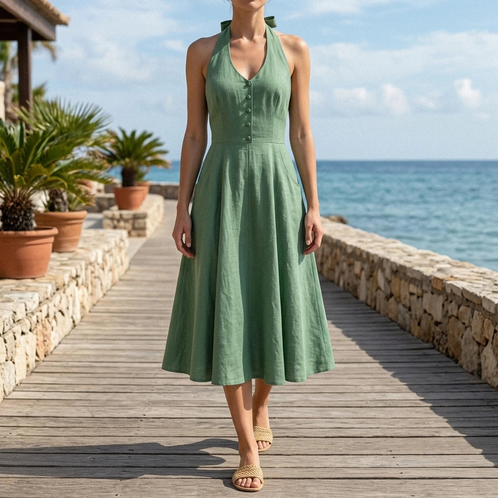 Third natural lifestyle image of a model wearing green-halter-button-pockets-midi-dress