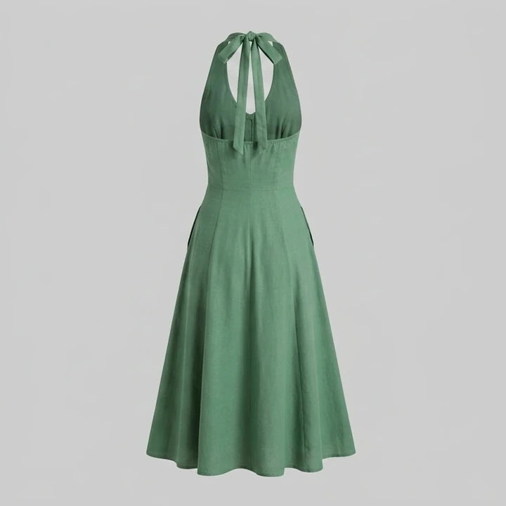 Back product-only image of green-halter-button-pockets-midi-dress