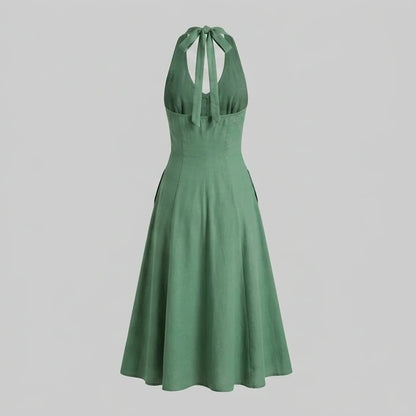 Back product-only image of green-halter-button-pockets-midi-dress