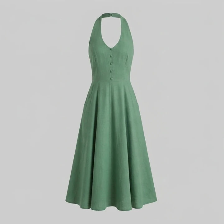 Front product-only image of green-halter-button-pockets-midi-dress