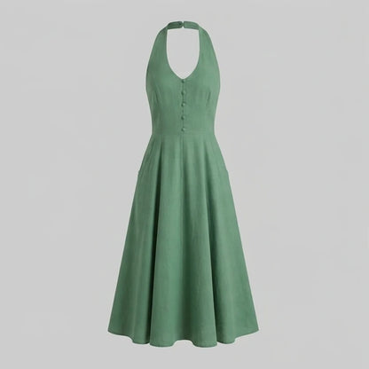 Front product-only image of green-halter-button-pockets-midi-dress