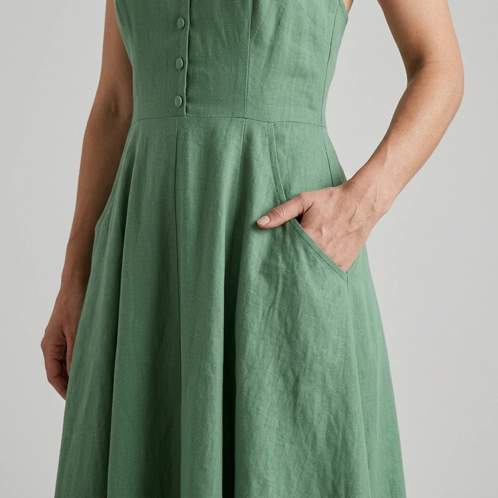 Model wearing green-halter-button-pockets-midi-dress with close focus on the product