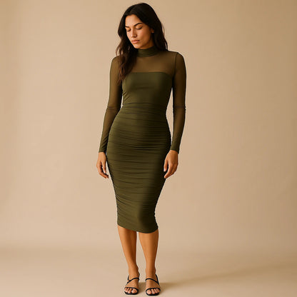 Natural lifestyle image of a model wearing Green Ruched Bodycon Midi Dress Sheath Mock Neck Long Sleeve Polyester Mesh Summer