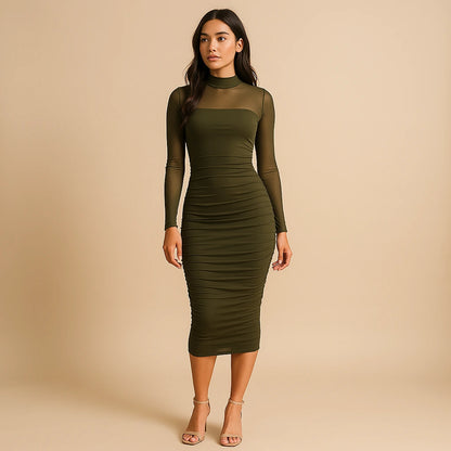 Second natural lifestyle image of a model wearing Green Ruched Bodycon Midi Dress Sheath Mock Neck Long Sleeve Polyester Mesh Summer