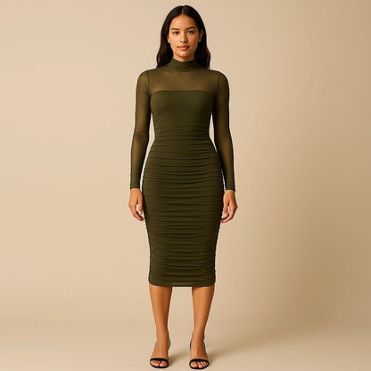 Third natural lifestyle image of a model wearing Green Ruched Bodycon Midi Dress Sheath Mock Neck Long Sleeve Polyester Mesh Summer