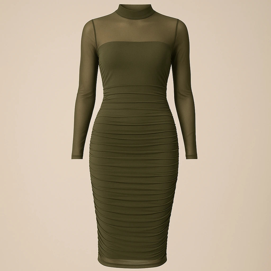 Isolated product image of Green Ruched Bodycon Midi Dress Sheath Mock Neck Long Sleeve Polyester Mesh Summer on simple background