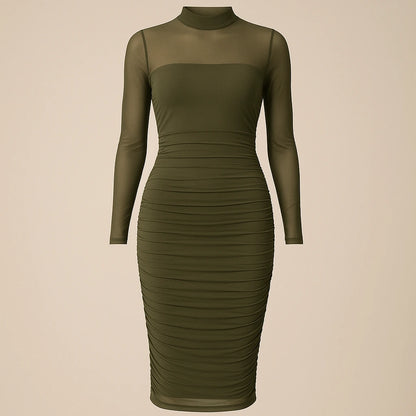 Isolated product image of Green Ruched Bodycon Midi Dress Sheath Mock Neck Long Sleeve Polyester Mesh Summer on simple background