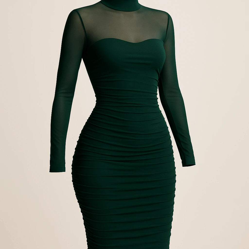 Isolated product image of Green Ruched Bodycon Midi Dress Sheath Mock Neck Long Sleeve Polyester Mesh Summer, three-quarter angle view