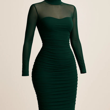 Isolated product image of Green Ruched Bodycon Midi Dress Sheath Mock Neck Long Sleeve Polyester Mesh Summer, three-quarter angle view
