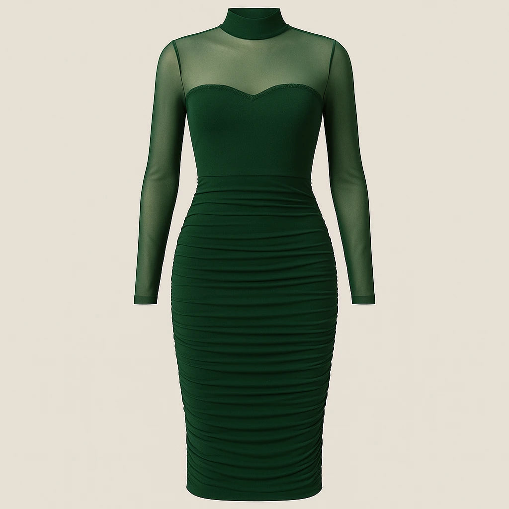 Isolated product image of Green Ruched Bodycon Midi Dress Sheath Mock Neck Long Sleeve Polyester Mesh Summer, front view