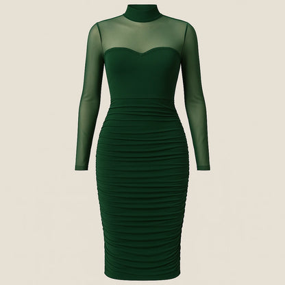 Isolated product image of Green Ruched Bodycon Midi Dress Sheath Mock Neck Long Sleeve Polyester Mesh Summer, front view