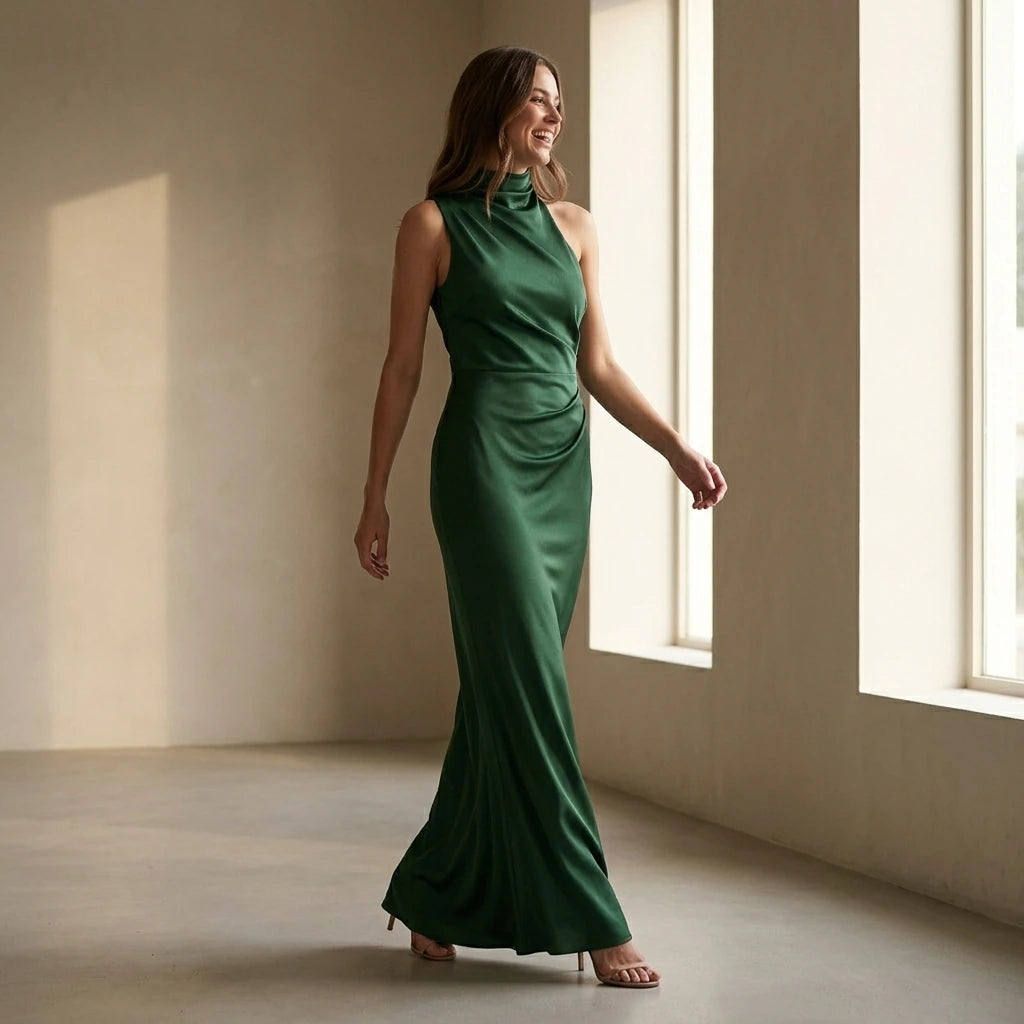 Natural lifestyle image of a model wearing green-one-shoulder-tunic-maxi-dress