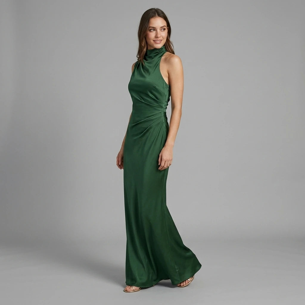 Second natural lifestyle image of a model wearing green-one-shoulder-tunic-maxi-dress