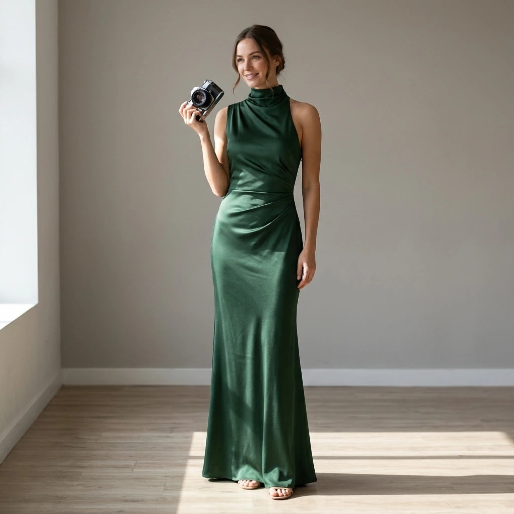 Third natural lifestyle image of a model wearing green-one-shoulder-tunic-maxi-dress