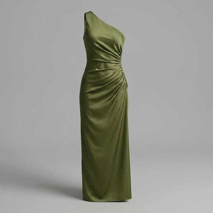 Front product-only image of green-one-shoulder-tunic-maxi-dress