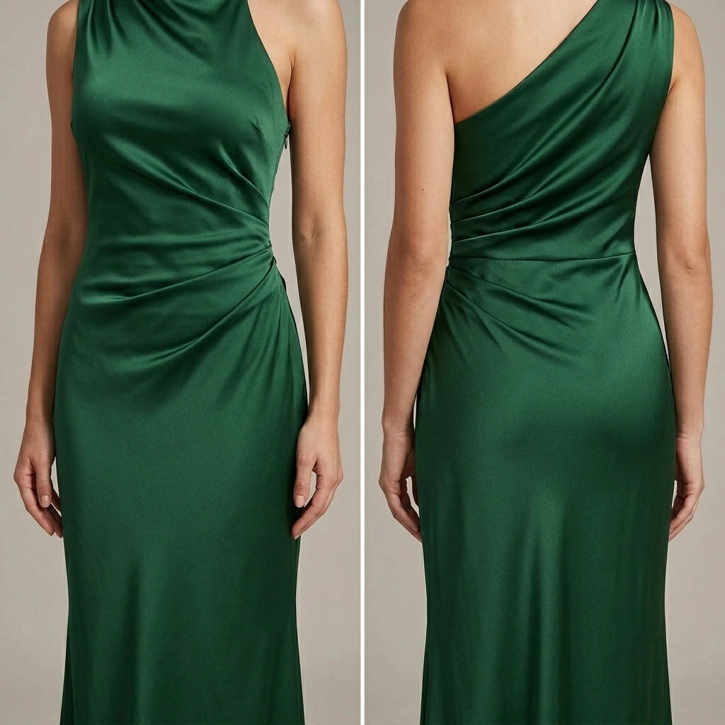 Model wearing green-one-shoulder-tunic-maxi-dress with close focus on the product