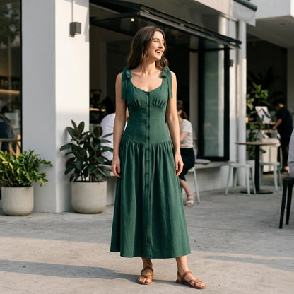 Natural lifestyle image of a model wearing Green Ruched A-Line Sleeveless Maxi Dress