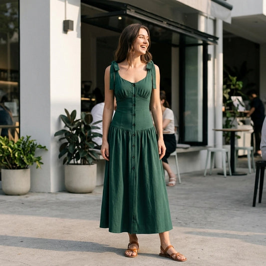Natural lifestyle image of a model wearing Green Ruched A-Line Sleeveless Maxi Dress