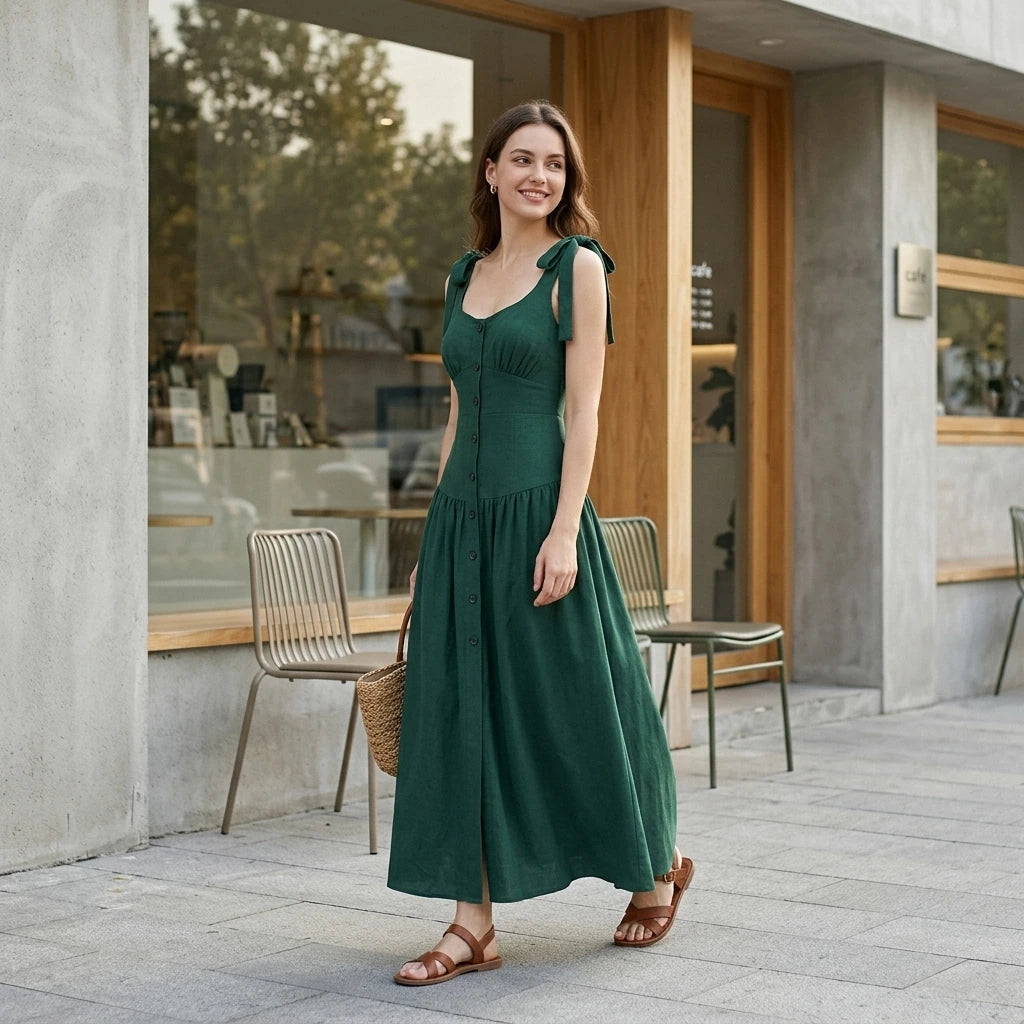 Second natural lifestyle image of a model wearing Green Ruched A-Line Sleeveless Maxi Dress