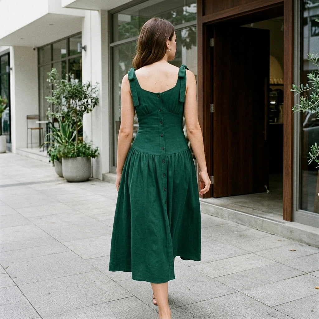 Third natural lifestyle image of a model wearing Green Ruched A-Line Sleeveless Maxi Dress