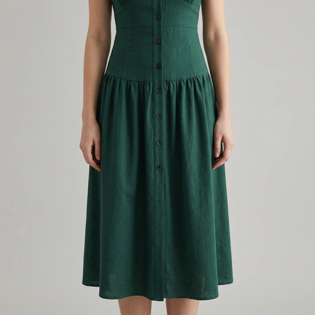 Model wearing Green Ruched A-Line Sleeveless Maxi Dress with close focus on the product