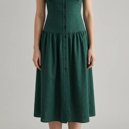 Model wearing Green Ruched A-Line Sleeveless Maxi Dress with close focus on the product