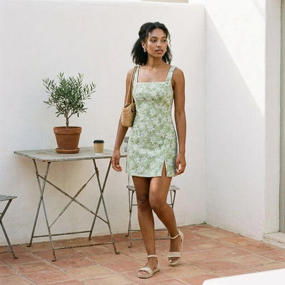 Third natural lifestyle image of a model wearing green-square-neck-slit-floral-mini-dress