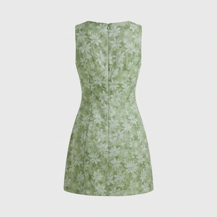 Back product-only image of green-square-neck-slit-floral-mini-dress